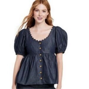 Women’s Button Front Scallop Neck Denim Top Kika Vargas Indigo Size S